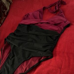 Stylish Black and Burgundy Swimsuit